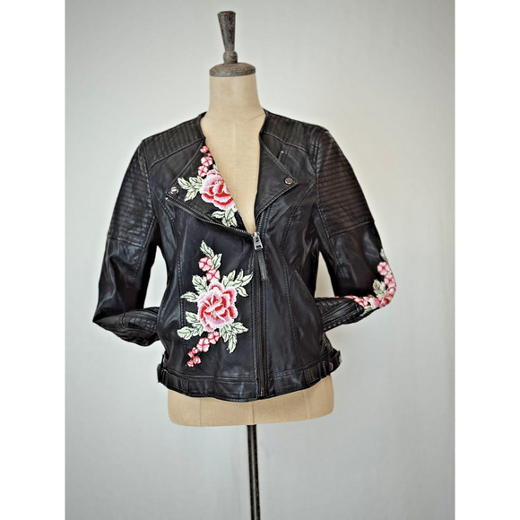 Top Shop Black Faux Leather Embroidered Moto Jacket Womens 10 / Medium #1-0166 - Picture 5 of 13